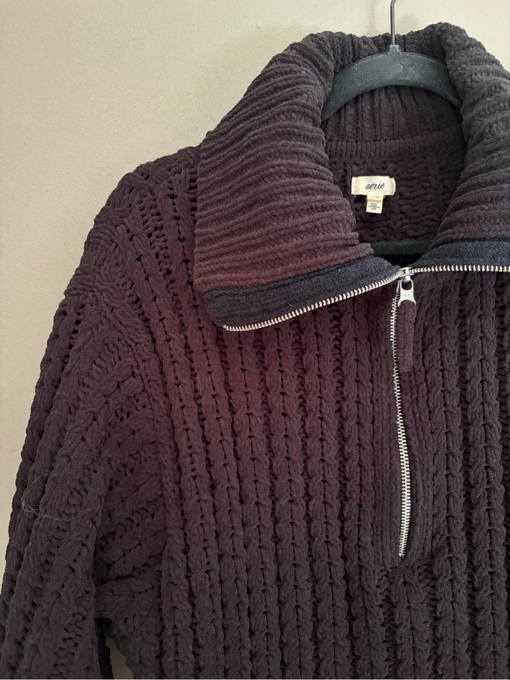 Aerie Cable Car 1/4 Zip Sweater Black Pullover Chenille Open Weave Chunky Knit - Picture 5 of 13